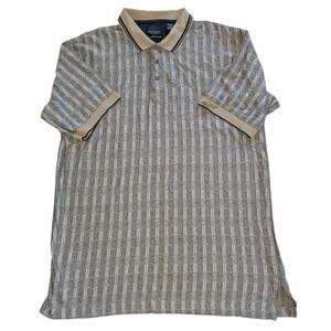 Greg Norman Mens XL Polo Shirt Mercerized Cotton Textured Stripe Tan Navy Golf